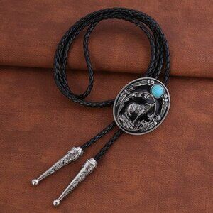 Handmade Round Shape Western Cowboy Bola Tie - Black Wolf